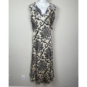 Komarov Sheath Midi Dress XL Cream Black Crinkle V-Neck Lace Accent Cocktail USA